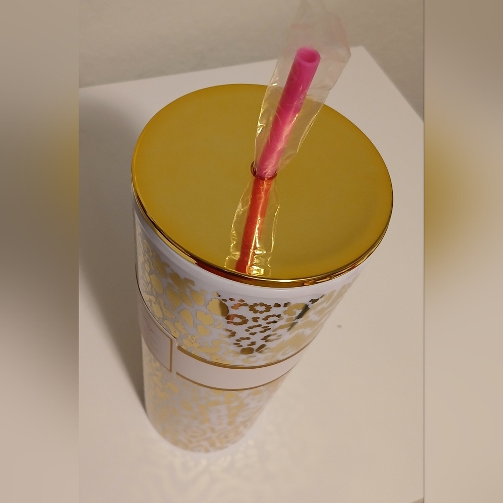NWT Lilly Pulitzer Gold Leopard Tumbler‎ With Straw - Picture 4 of 10